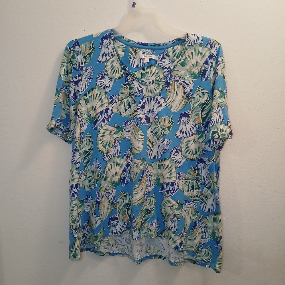 Chico's Jersey Top Blouse Women's Size 2 (L) Blue Tropical Print